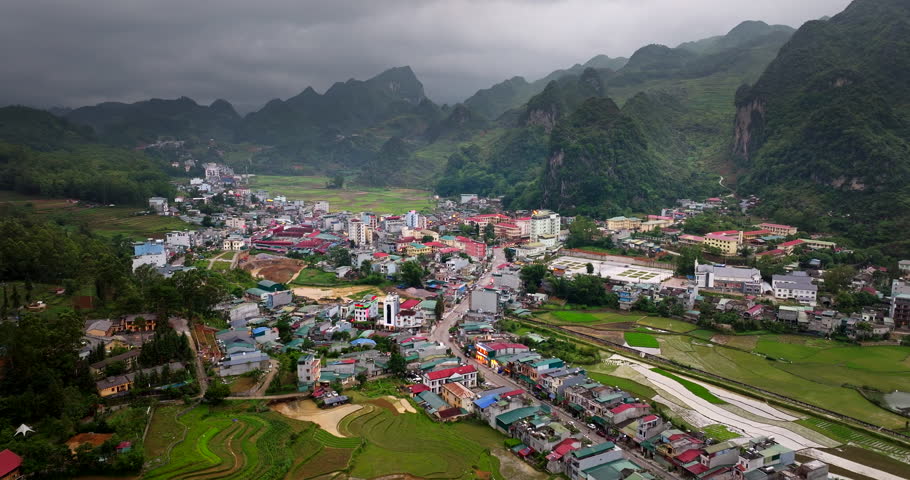 Drone view over Dong Van town among karst mountains in Northern Vietnam