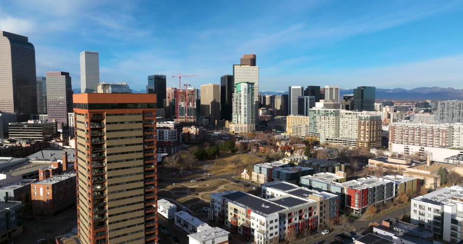 Urban Neighborhood With Skyscrapers In City Of Denver In Colorado, USA. wide aerial shot