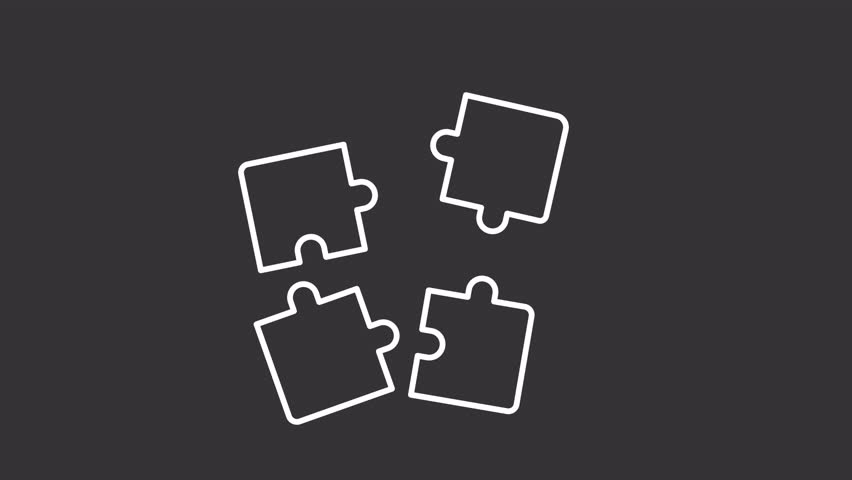 Incompatibility white line animation. Puzzle solving animated icon. Moving pieces. Problem solving, thinking. Isolated illustration on dark background. Transition alpha video. Motion graphic