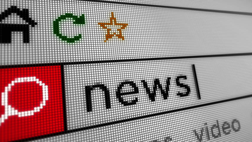 News media information text typing on browser screen. Searching internet with monitor pixel display macro view.