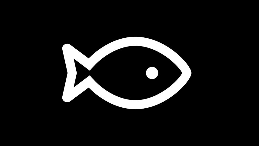 Icon fish is distorted. Glitch. Noise, chromatic aberration, geometric distortion. Transparent background, looped. In-Out looped. Alpha BW at the end