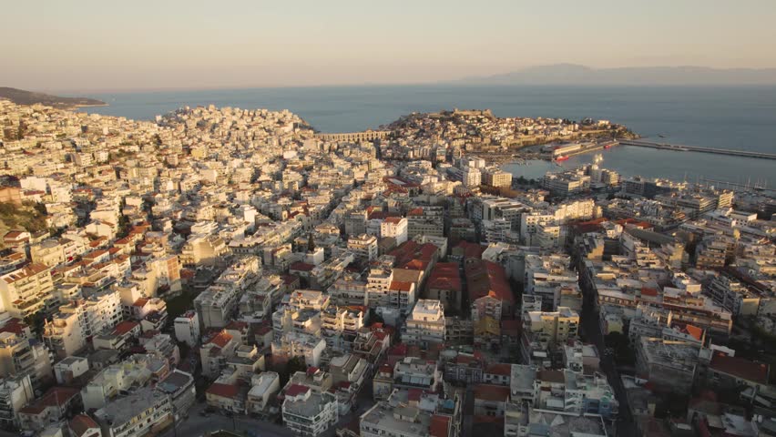Kavala Greece, Aerial Panoramic View of City Center, Panagia Old Town and Port, Dolly Shot