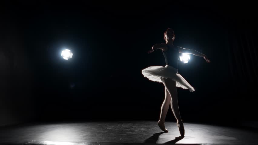 Fascinating ballet performance, beautiful ballerina jumping on dark stage. Beautiful and passionate woman in white tutu dancing by classical music, professional ballet dance performer, art and hobby
