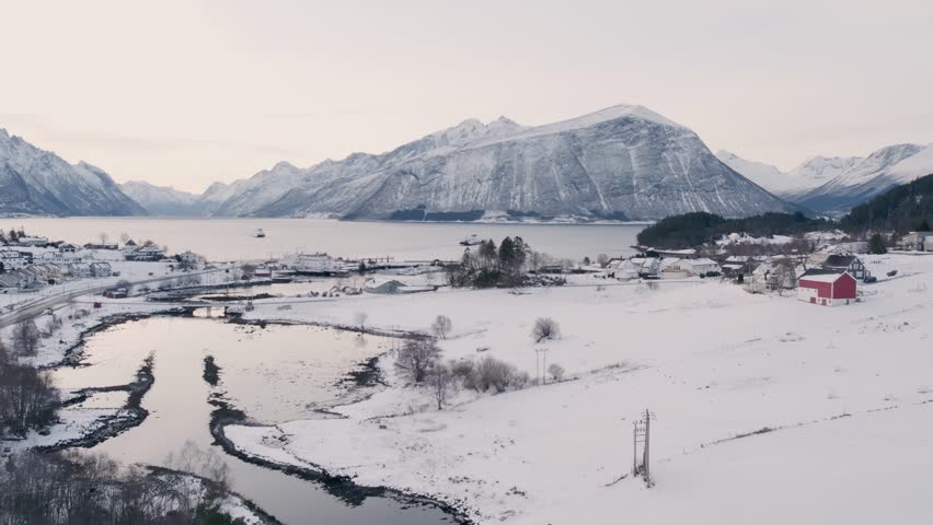 Solavagen Norway in Winter, Village, Fjord and Mountains Landscape View