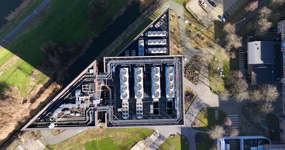 An aerial top view of data center telecommunication structure building