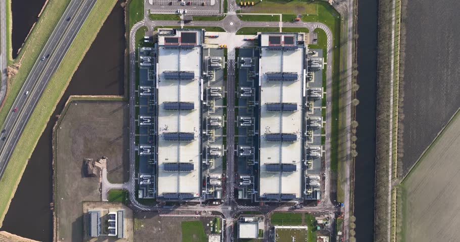 An aerial view of Data center in Amsterdam Science park  with large internet and data storage buildings