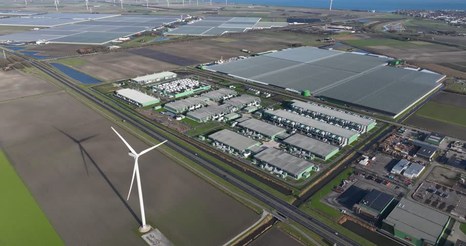 An aerial view of Data center in Amsterdam Science park  with large internet and data storage buildings