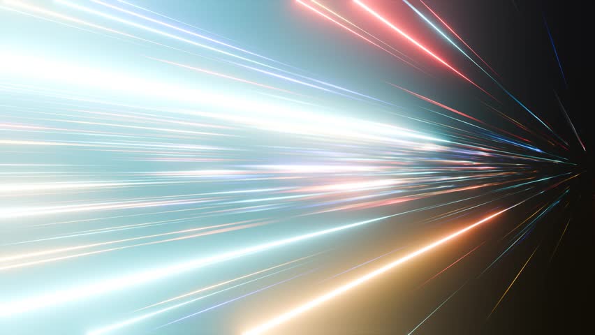 Horizontal glowing lines move in space. Abstract fluorescent background. Hyperspace. Neon background. Light trail wave, fire path trace line, car lights, optic fiber. 3D 4K loop animation.