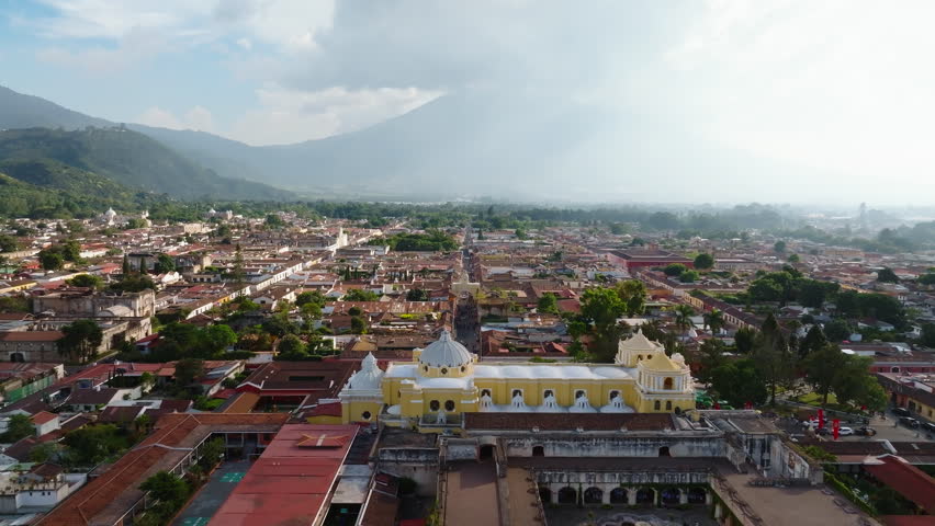 Aerial drone footage of Santa Catalina Arch, Arco de Santa Catalina in Antigua city, Guatemala