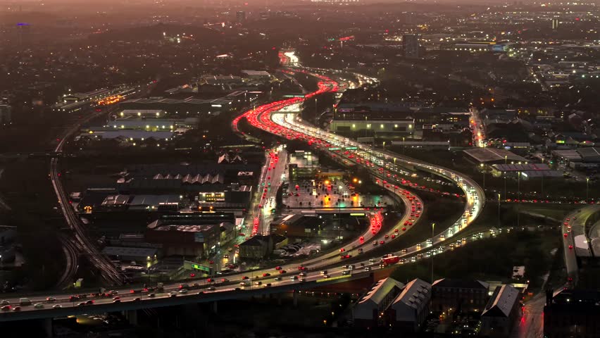 Night aerial traffic jam rush hour highway junction Glasgow Scotland