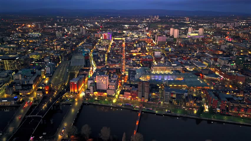 Night aerial drone downtown Glasgow city Scotland