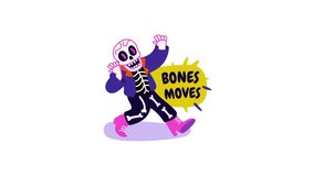 A flat animated sticker of a skeleton character with bone moves typography  - Powered by Shutterstock - Get 15% off with code: PIKWIZARD15
