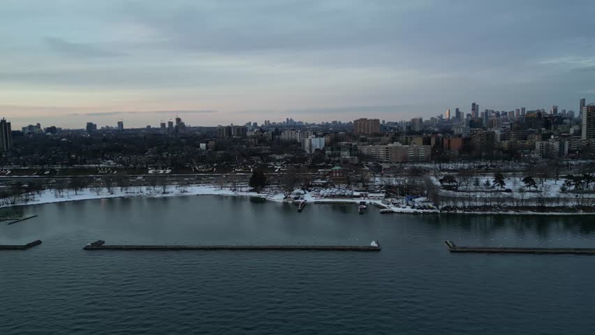 Aerial Drone View of Toronto Skyline and Waterfront in Winter