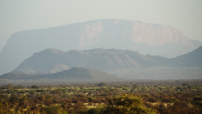 A view of Mount Ololokwe and dry savanna in Samburu National Reserve, Kenya. Acacia trees dot the landscape, with rocky cliffs in the background.