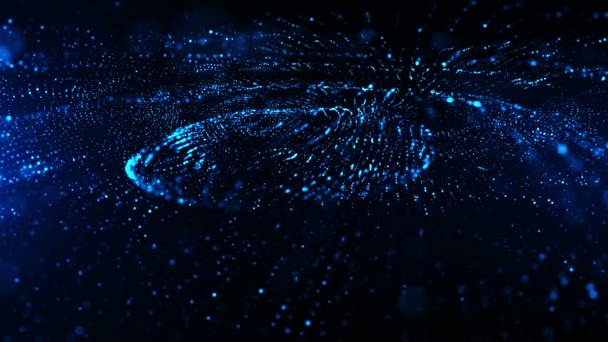 Abstract digital dynamic particle waves with light motion lights background, data flow, cyber technology. 3D rendering. Seamless loop 4k video. Screensaver video animation.	