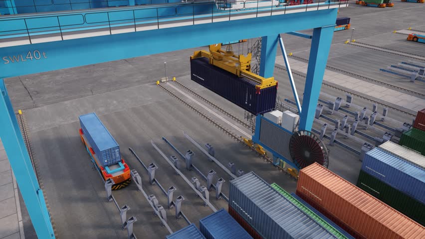 Containers Loading and Unloading at Automated Terminal | Automatic Stacking Cranes and AGVs Moving Cargo at International Seaport