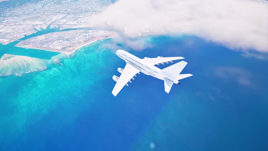 A passenger plane flying over a city located on the coast with scenic views of the ocean and coastline. The frame shows the turquoise waters of the ocean, the port, city infrastructure and clouds. The
