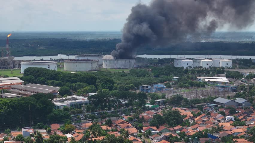 Oil refinery fire in Indonesia, engulfing a storage facility. Suitable for news articles, blog posts, social media, and educational materials.