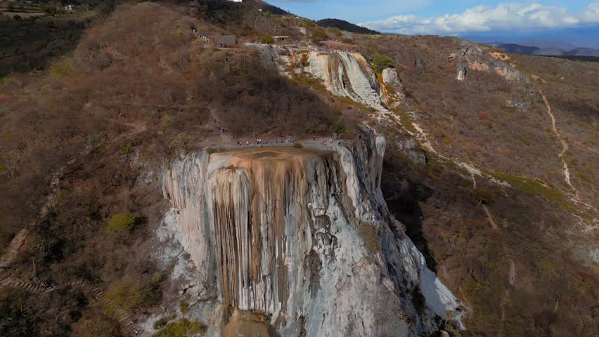 4K drone footage of Hierve el Agua, Oaxaca, with a circular motion around a natural pool perched on a cliff, showcasing petrified waterfalls, stunning landscapes, and semi-desert vegetation