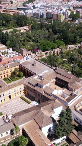 Seville, Spain. Vertical Aerial View, Royal Alcazar Gardens and Buildings, Tourist Attraction