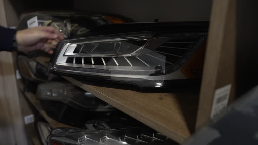Car headlights are stored on wooden shelves. Concept of a warehouse of car parts.