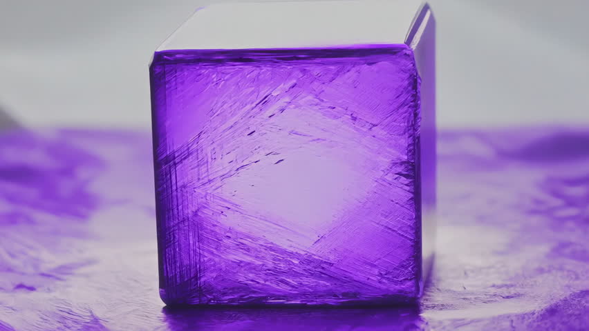 A vibrant purple ice cube that beautifully reflects light, making it perfect for creative projects or culinary themes