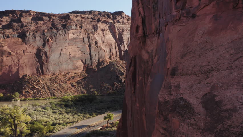 Aerial establishing fly Utah Arches National Park. cliffs hiking tour landscape, Drone above American geological landmark