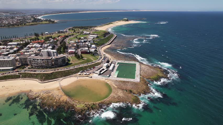 Newcastle Ocean Baths With Newcastle Canoe Pool In New South Wales, Australia - Aerial Shot