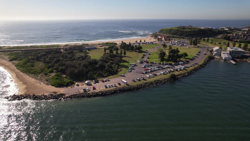 Horseshoe Beach And Nobbys Beach At Sunset In New South Wales, Australia - Aerial Drone Shot