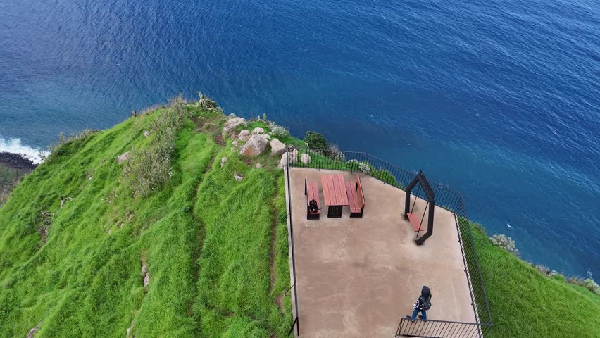 Top-Down Aerial Reveal of Miradouro da Boa Morte with Tall Cliffs and the Atlantic Ocean, Madeira