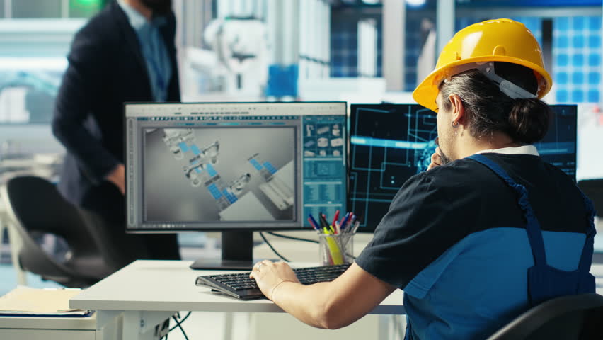 Photovoltaics factory engineer uses artificial intelligence to diagnose malfunctioning systems. Solar panel manufacturing plant worker uses AI tech to maintain system operational reliability, camera B