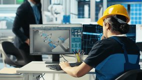 Photovoltaics factory engineer uses artificial intelligence to diagnose malfunctioning systems. Solar panel manufacturing plant worker uses AI tech to maintain system operational reliability, camera B - Powered by Shutterstock - Get 15% off with code: PIKWIZARD15