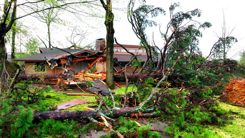Aerial: Drone Panning Shot Of Trees Destroyed After Tornado In Town - Little Rock, Arkansas