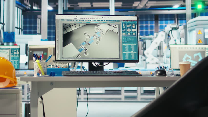 PC monitor in solar panels manufacturing plant used to study solar energy systems. Computer display on desk in empty photovoltaics factory used to improve efficiency and innovate
