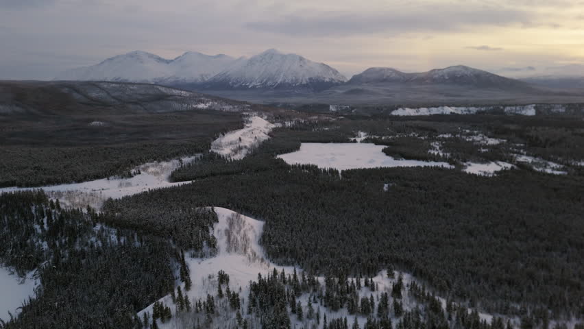 An aerial expedition glides over the snow-covered Takhini River winding through Ibex Valley. Dense fir forests and a vast Yukon winter landscape create a breathtaking natural panorama.