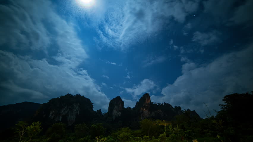 Time Lapse Lockdown Shot Of Clouds Moving Over Rock Formations During Foggy Weather At Night - Ban Mung, Thailand