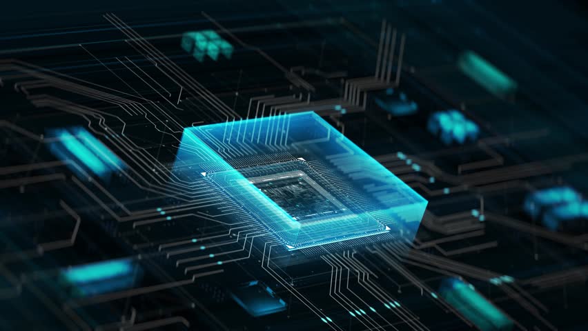 Technology Background Animation CPU Futuristic Circuit. 3D Visualization AI Processor Power. Colorful Blue and Green Digitalization Process. Data Transmission in Board Chip Virtual Computer Closeup 4K