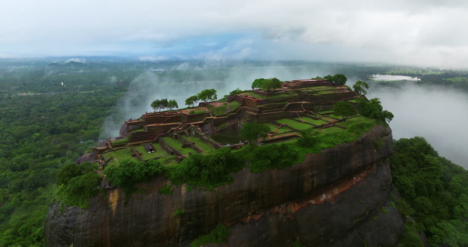 Aerial View Of Sigiriya Ancient Rock On A Foggy Morning In Central Province, Sri Lanka.