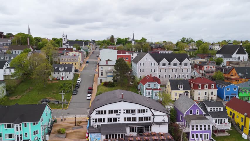 A Beautiful Aerial Shot Of The Historic Town Of Lunenburg, Nova Scotia, On A Cloudy Summer Day. The Picturesque Town, Known For Its Unique Architecture, Is A UNESCO World Heritage Site.