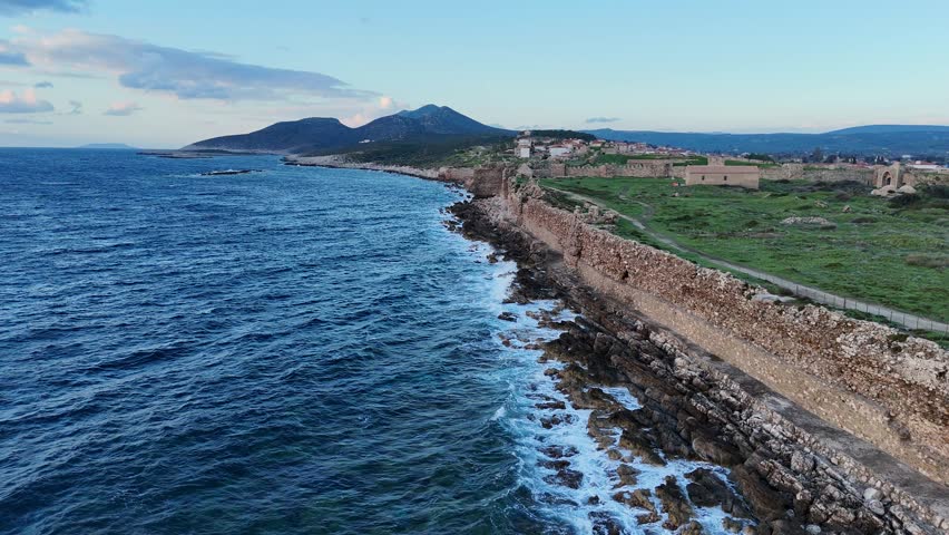 Sunset aerial view of Methoni Castle walls Greece