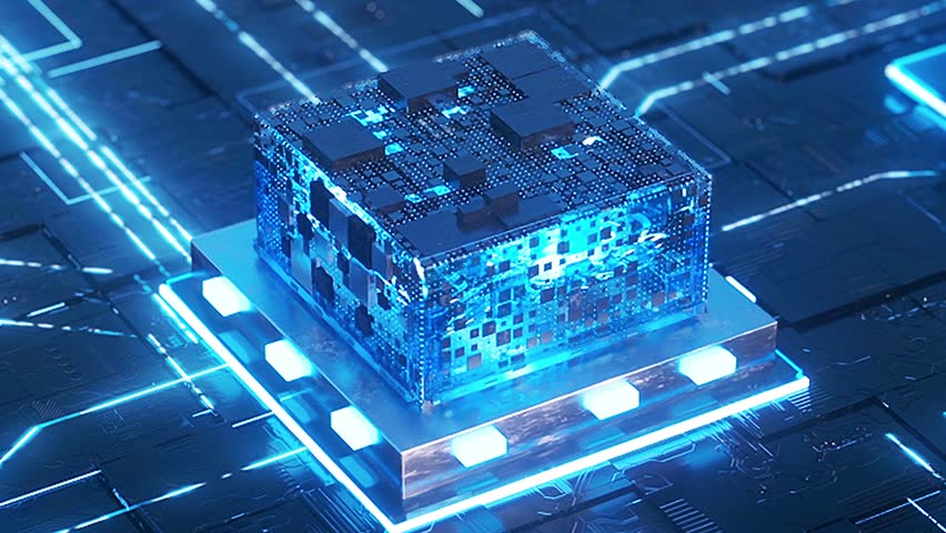 Blue technology chip rotation animation, high-tech motherboard circuit current, future AI technology video.
