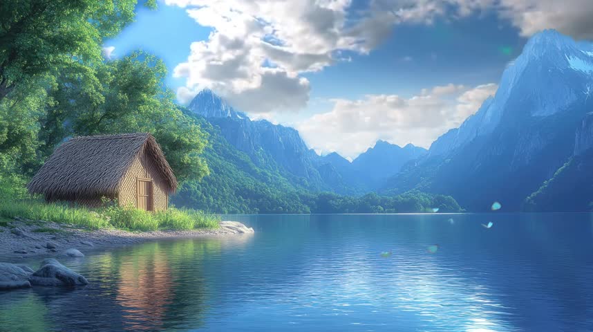 A peaceful lakeside scene with a cozy thatched hut surrounded by lush greenery. Gentle ripples reflect towering mountains under a bright blue sky, creating a dreamy, tranquil atmosphere.
