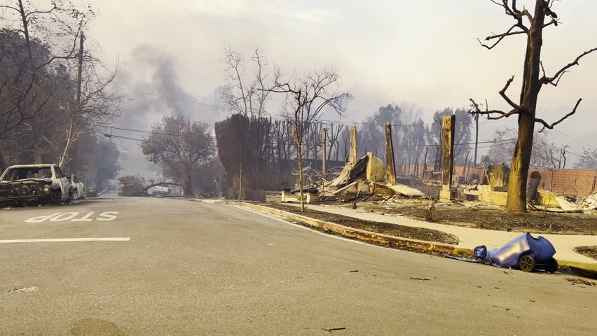 Point of view driving in middle of debris, Wildfire aftermath in Los Angeles, USA