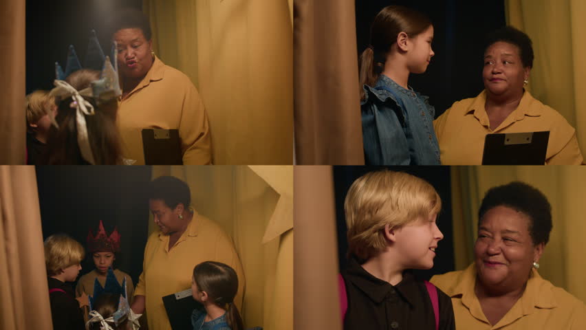 Vertical medium shot of biracial boy sitting on chair on theater stage reading out his lines