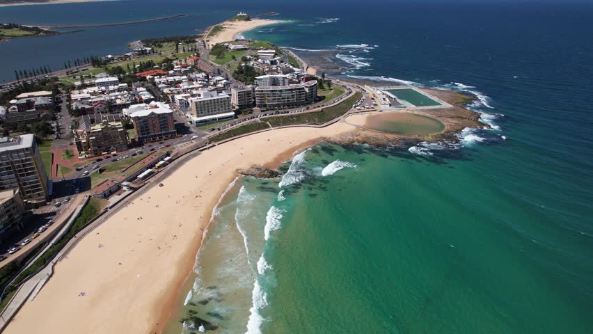 Newcastle Beach With Newcastle Ocean Baths And Newcastle Canoe Pool In NSW, Australia - Aerial Shot
