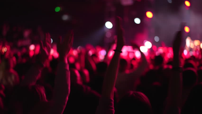 Lot people applause music concert. Many fans cheering fun party lift hand up. Crowd hang out cool night life fest applaud k pop chill. Epic hip hop clap. Neon light rave. Joy dj enjoy kpop. Live arena