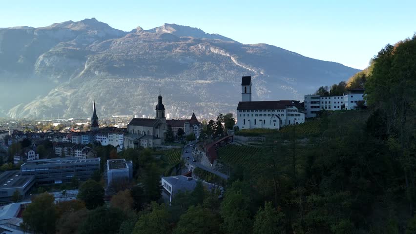 Alpine city Switzerland Chur Graubünden canton holiday mountain resort, aerial