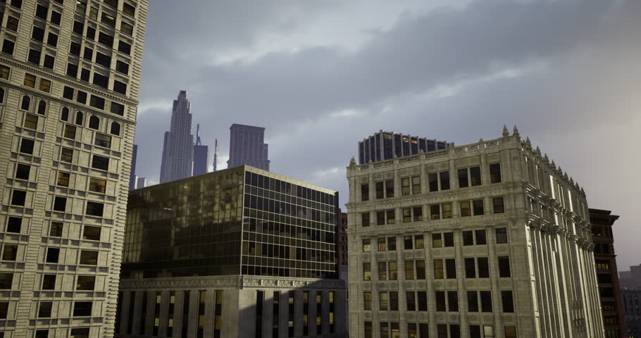Tall buildings contrast with older architecture in an urban landscape. Dark clouds loom over the skyline, casting a moody atmosphere in the city.