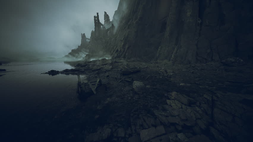 Craggy cliffs rise above a desolate shoreline shrouded in mist. A broken boat lies on the rocky beach, hinting at a forgotten past under the muted light of dawn.