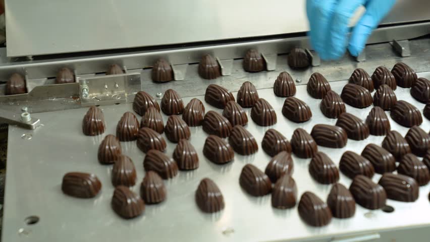 Close-up shot of gloved hands arranging chocolate bonbons in an industrial production factory